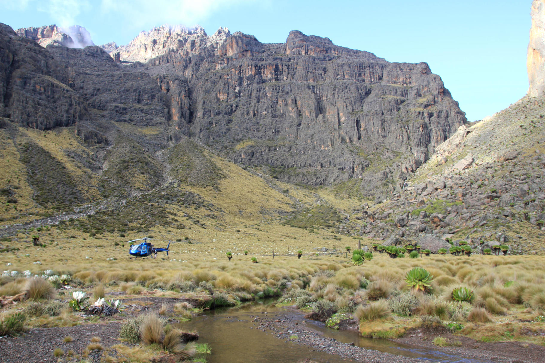 Helicopter in a valley on Mt Kenya
